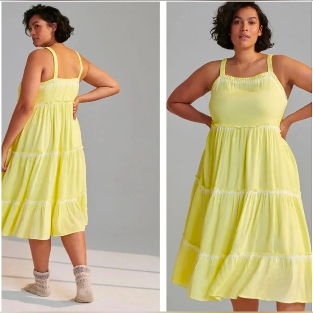 Anthropologie Pale Yellow Tiered Midi Dress - Picture 2 of 9
